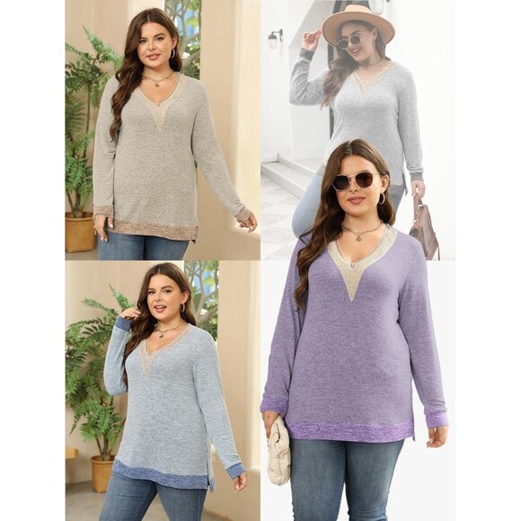 Plus Size Womens Sweatshirt Long Sleeve Lace Trim V Neck Color Block - Picture 4 of 4